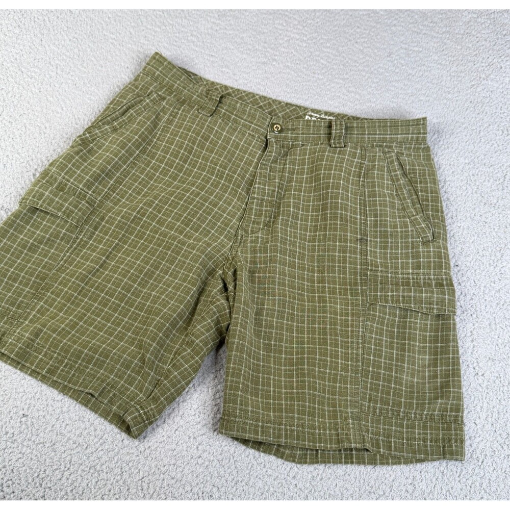 Tommy Bahama Cargo Short Mens 33 Green Plaid Relax Tencel Cotton 9" Inseam Dad